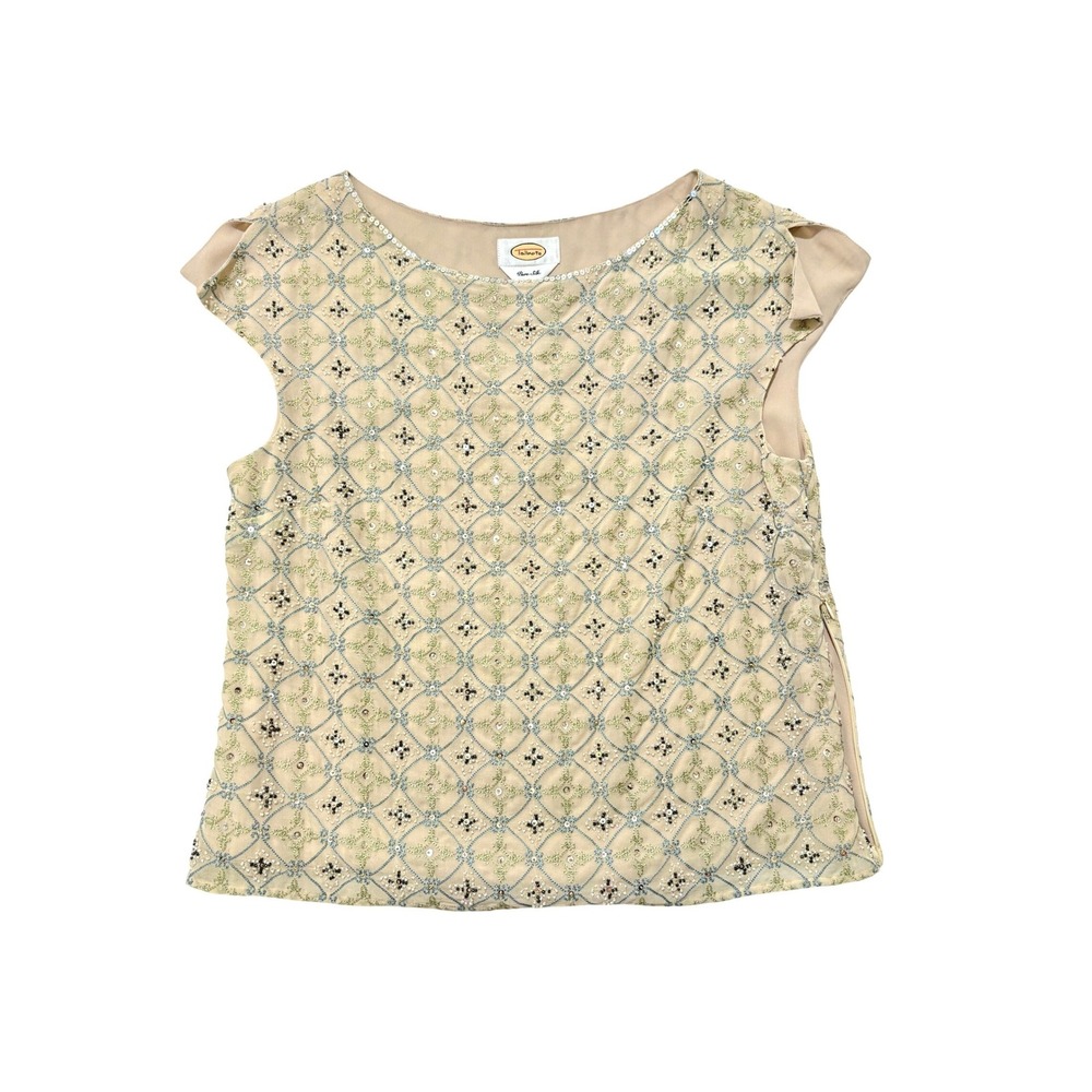 NWT‎ Talbots VTG Deadstock 100% Silk Beaded Sequin Top Beige Floral Size 10